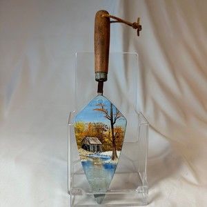 Vintage Hand Painted Trowel Fall Trees By Waterwheel Cabin Snow On Pond 5x2.75